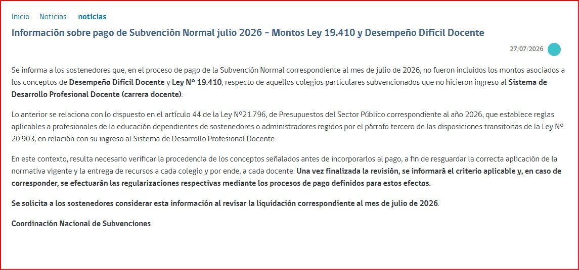 Mineduc excluye Desempeño Difícil y Ley 19.410 en subvención julio 2026